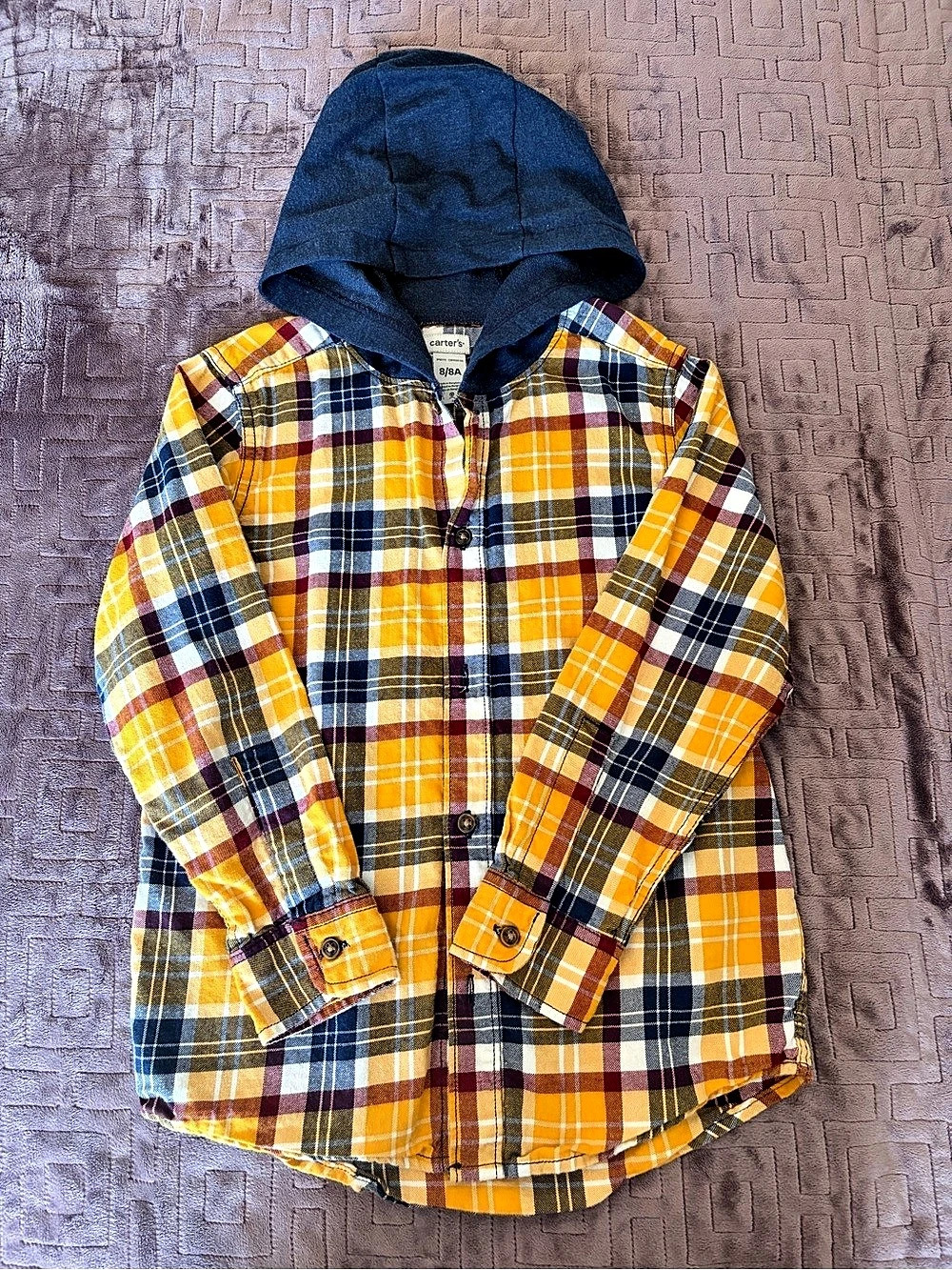 Carter's Boys Yellow Plaid Button-Down Shirt with Blue Hood